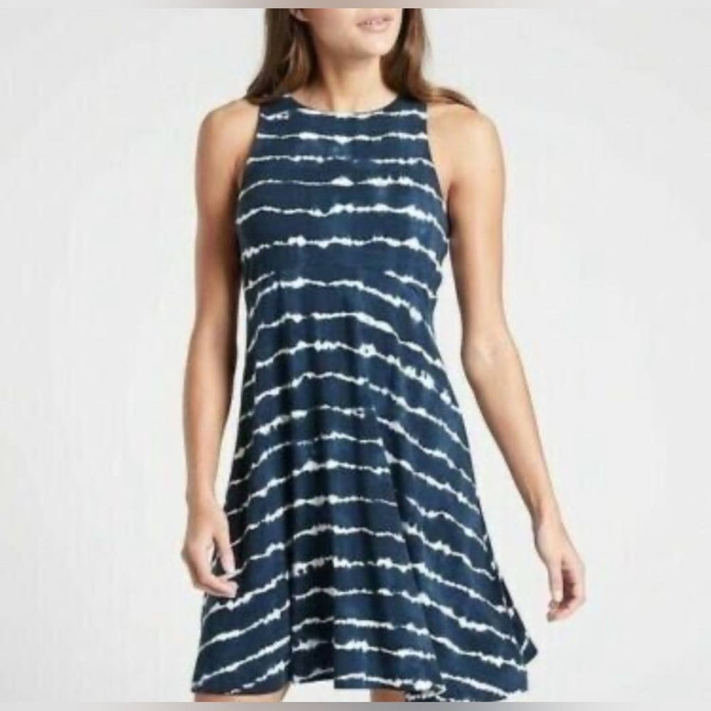 Athleta Navy White Tie Dye Sleeveless Santorini Thera Stripe Dress Small Petite